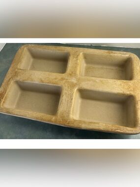 Pampered Chef 4 Mini Loaf Stoneware Pan USA 15x9 Natural Baking Pan AS-IS Read